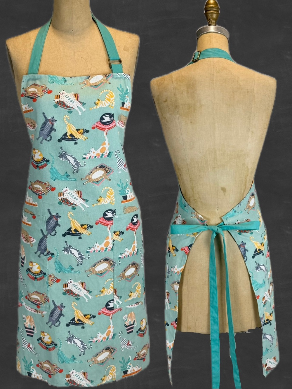 Lazy cats kitchen full apron pet lover kittens baking chore craft smock teal